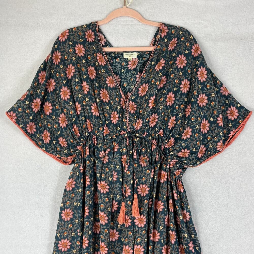 World Market Maxi Dress Women's Size Large Blue/Pink Floral V-Neck Flared Sleeve - Picture 2 of 12
